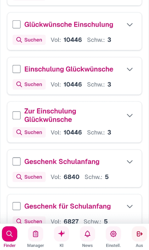 GOFORUP Keyword-Recherche Tool - Mobile Ansicht